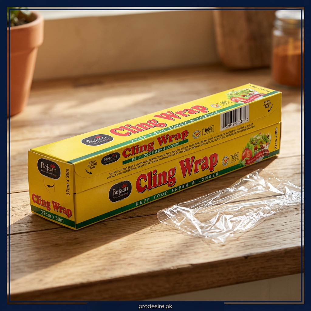 Close-up angled view of cling wrap packaging beside clear film
