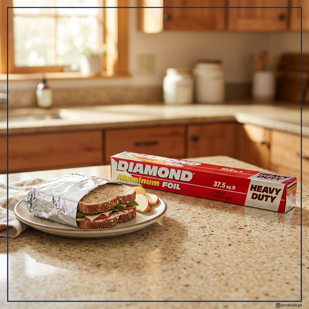 Diamond aluminum foil box beside a foil-wrapped sandwich in a warm kitchen