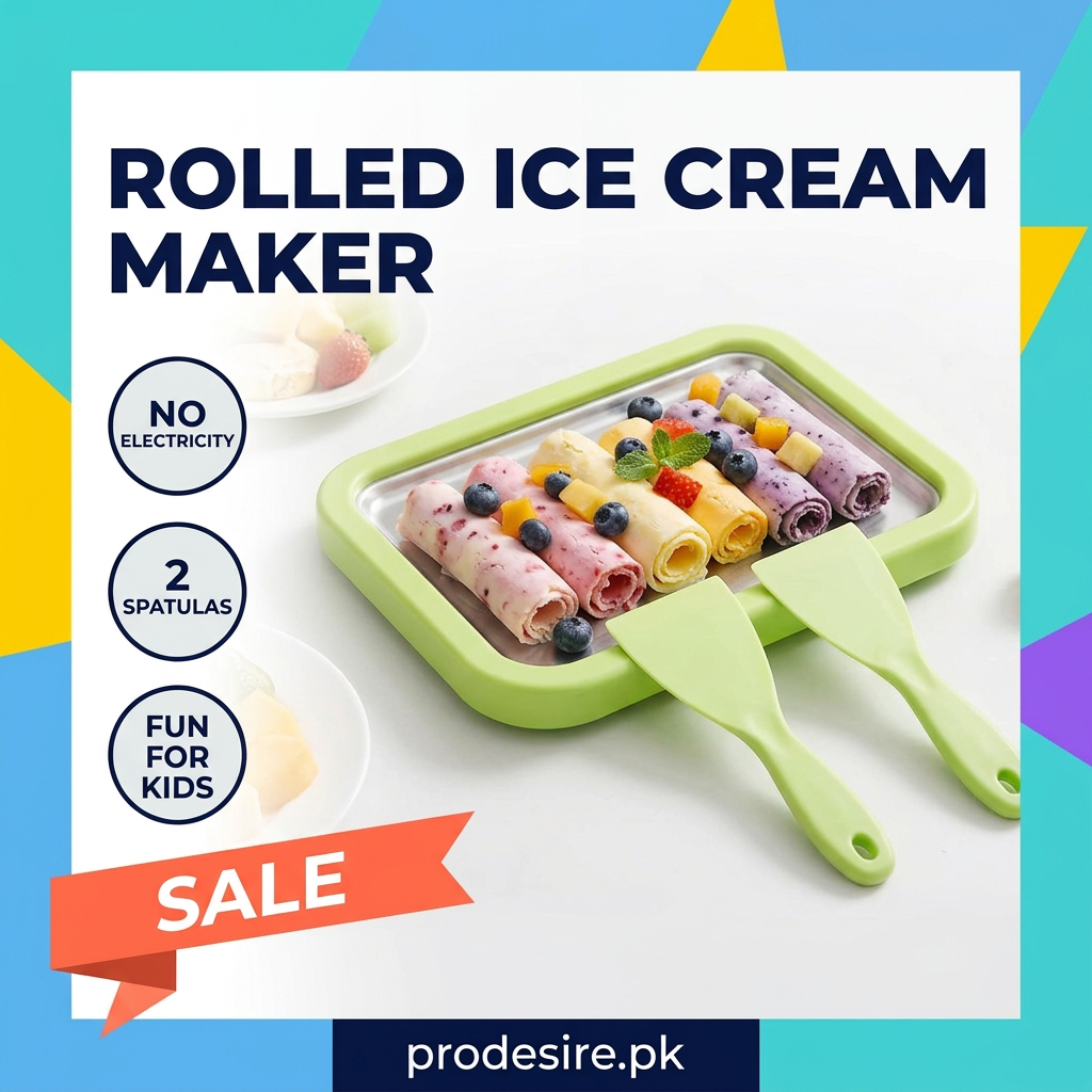 Rolled Ice Cream Maker feature poster: no electricity, 2 spatulas, fun for kids