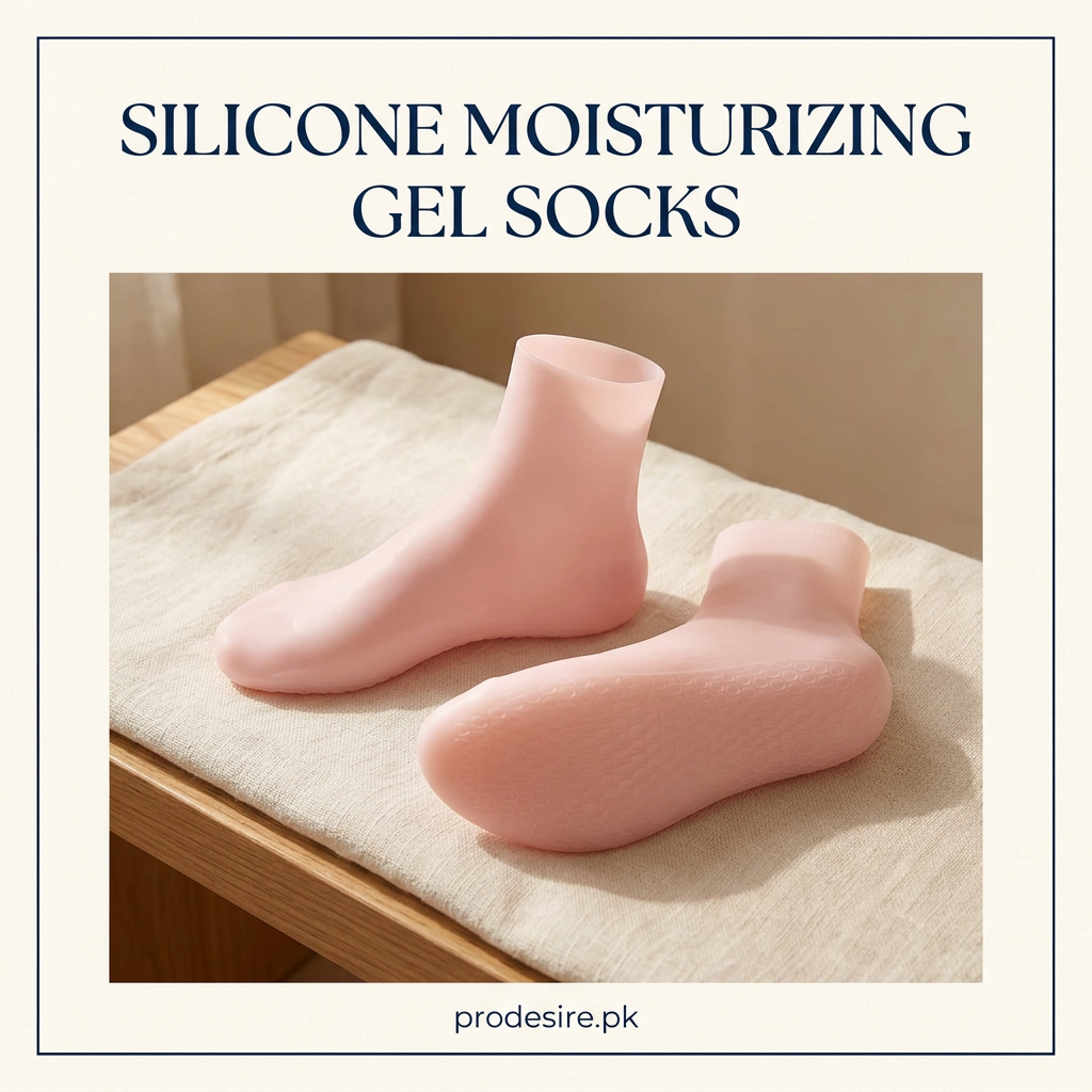 One pair of pink silicone moisturizing gel socks on a cream linen-covered wooden bench