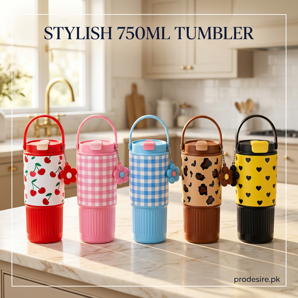 Five 750ML stainless steel tumblers with cute prints ribbed lower sections carry handles and flower charms