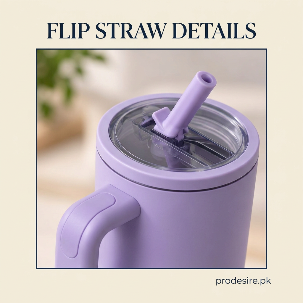 Close-up of purple tumbler transparent lid and raised flip straw
