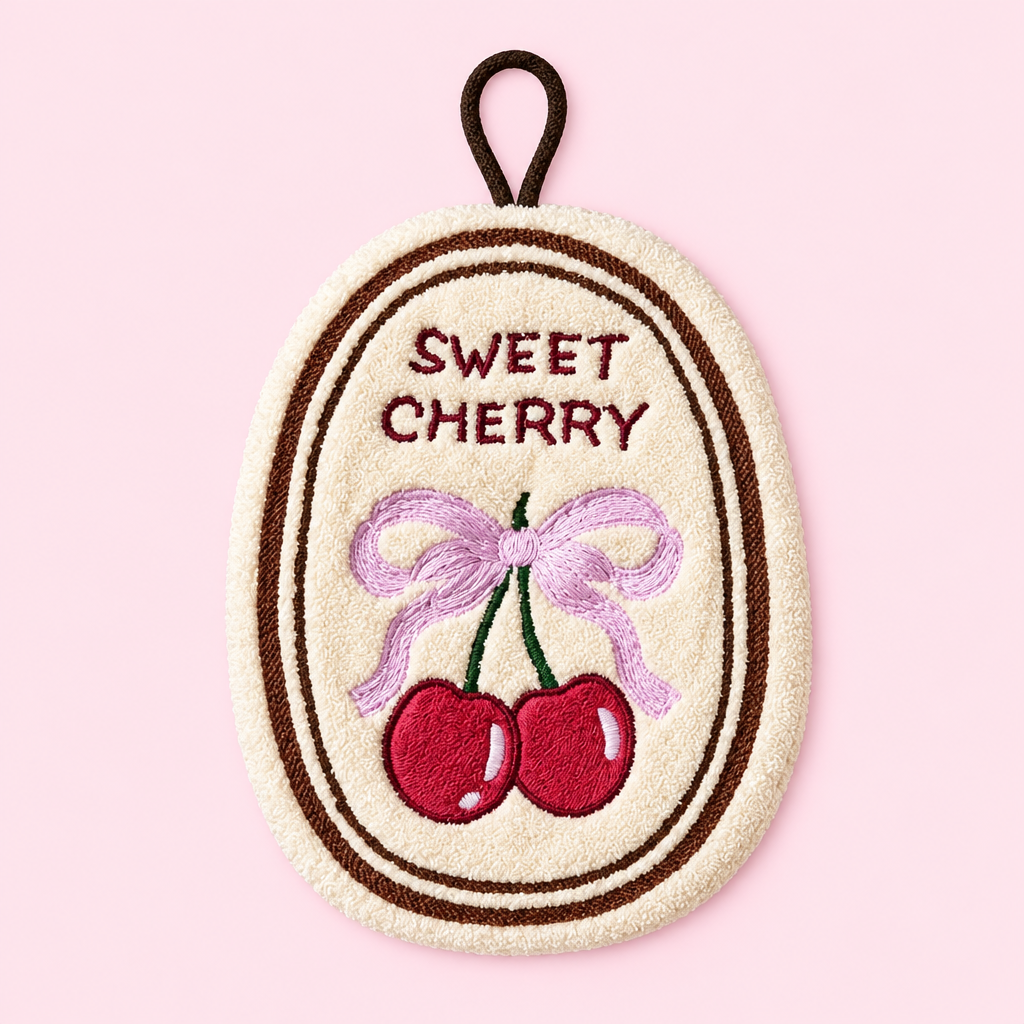 Sweet Cherry hand towel flat front view on pink background