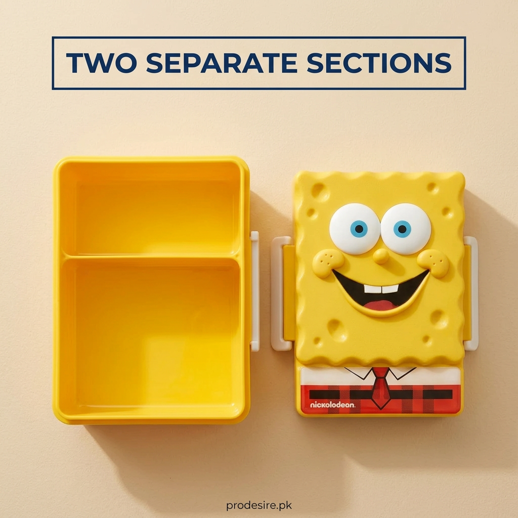 Overhead view of open SpongeBob lunch box showing two compartments and matching lid