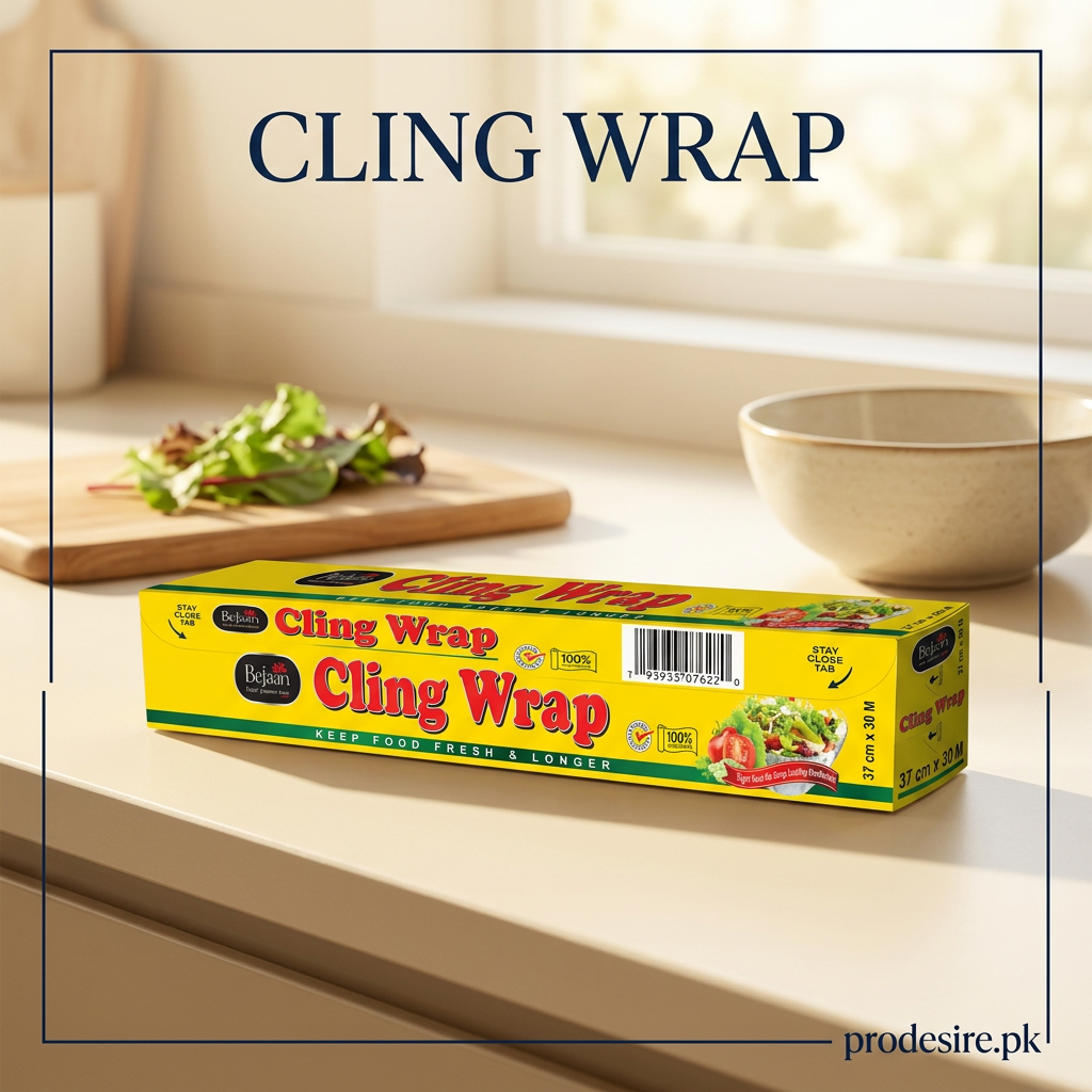 Cling wrap yellow box on a cream sunlit kitchen counter