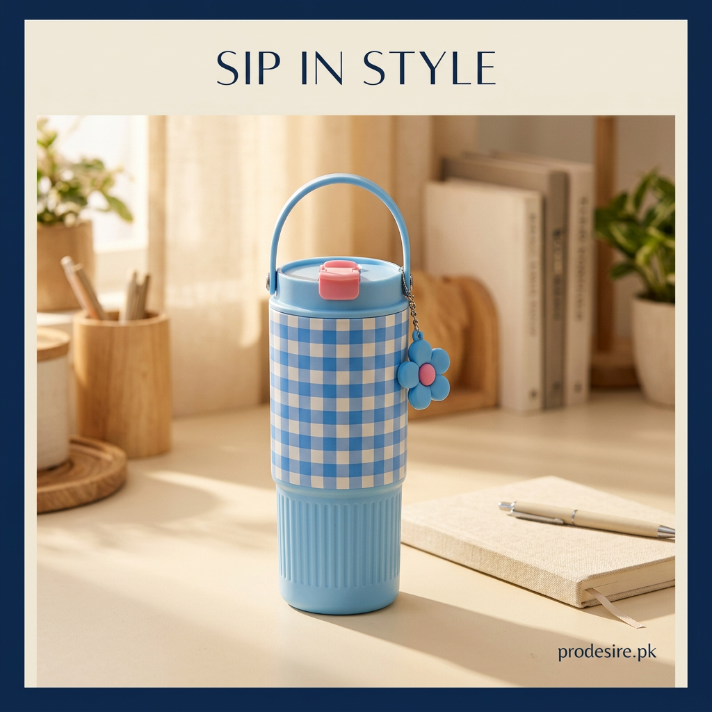 Blue check 750ML tumbler with pink foldable spout on a cream home desk