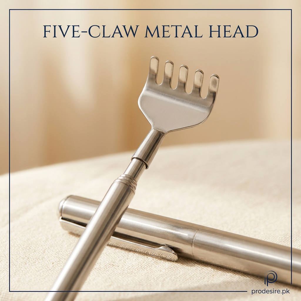 Close-up of the five-claw stainless steel head of the PRODESIRE back scratcher stick