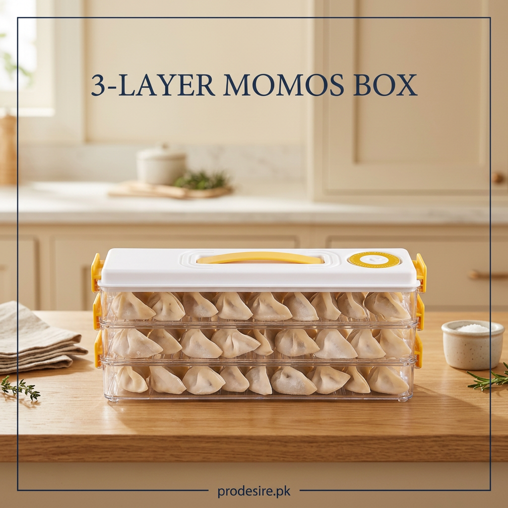 PRODESIRE 3-layer transparent momos and dumpling storage box with white lid, yellow carry handle and locking clips, filled with momos
