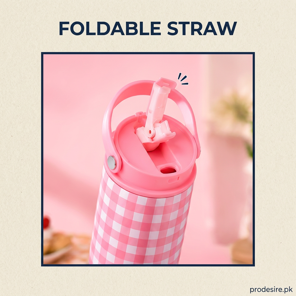 Close-up of pink check tumbler with raised foldable straw and direct drinking opening