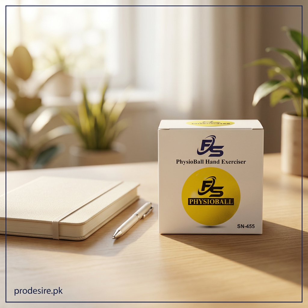 PhysioBall Hand Exerciser retail box on a sunlit home desk