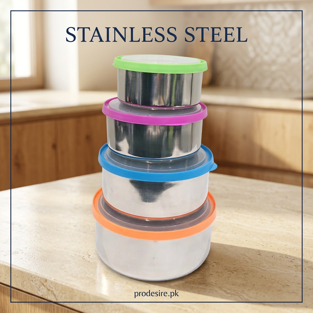 Elevated view of the stacked mirror-finish stainless steel bowls of the PRODESIRE bowl set