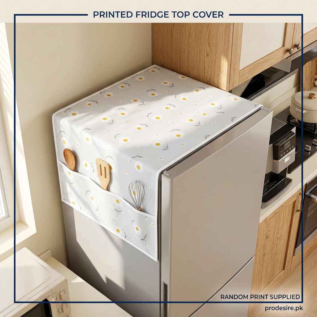 Elevated view of printed fridge top cover and hanging organiser pockets
