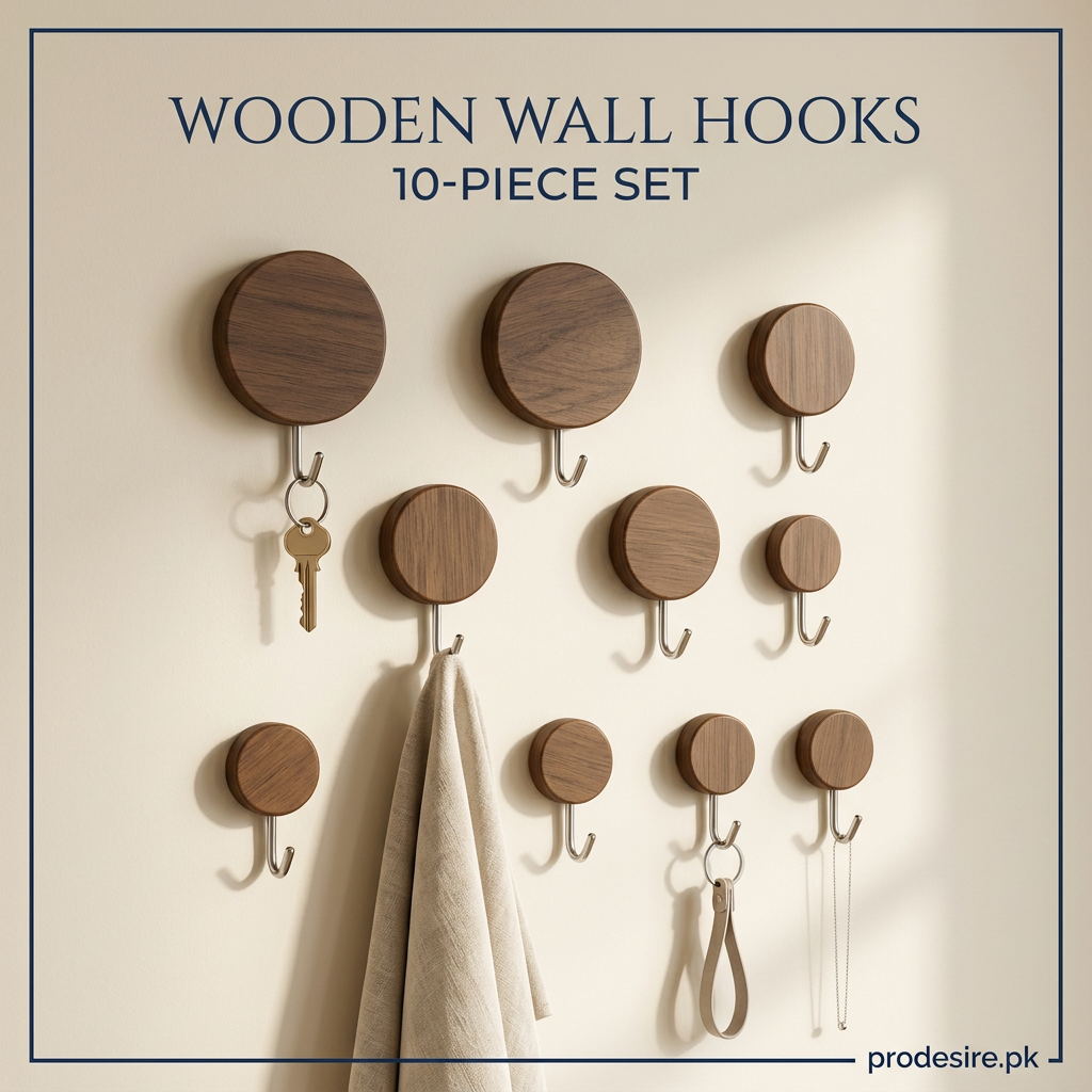 Ten round brown wooden wall hooks with silver metal hooks in a cream home setting