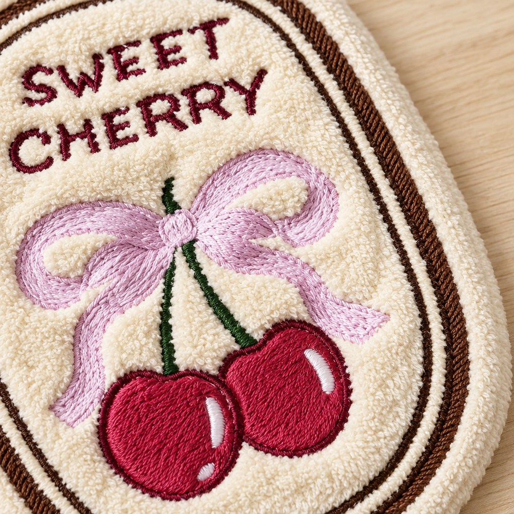 Close-up of cherry and lavender bow embroidery