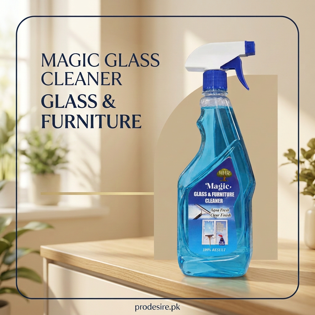 Magic Glass and Furniture Cleaner with cream background and navy design, no pricing
