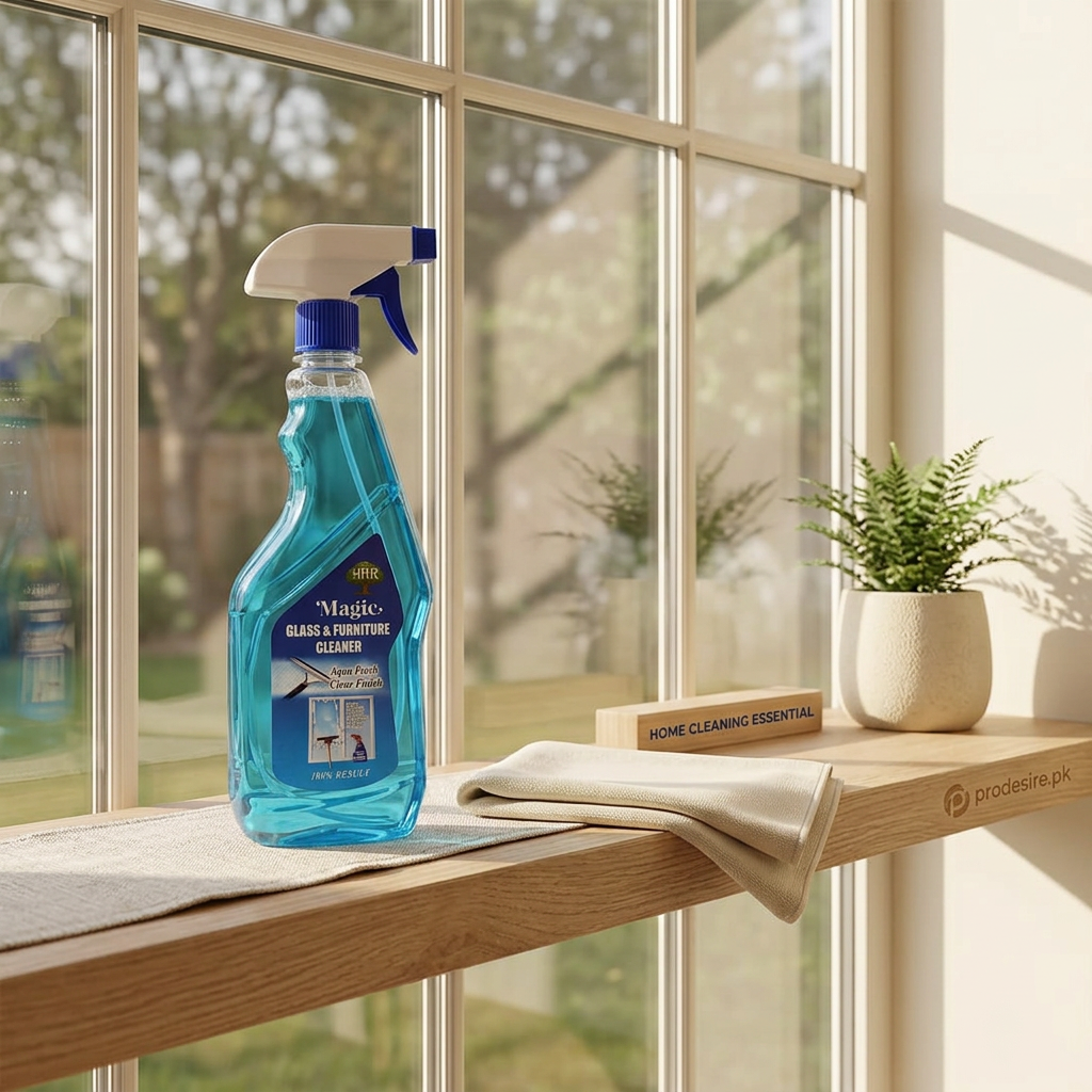 Magic cleaner bottle in a wide sunlit home window setting