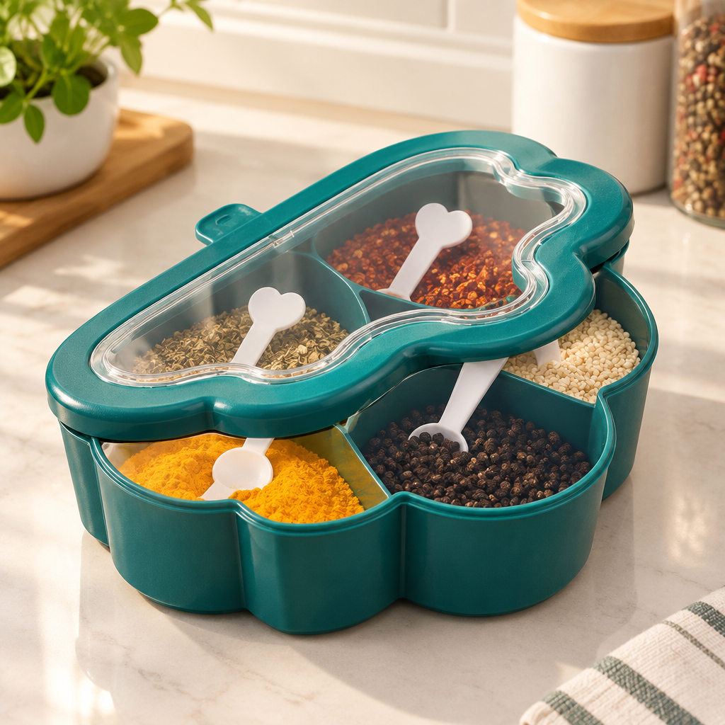 Three-quarter view of the teal spice organizer on a kitchen counter
