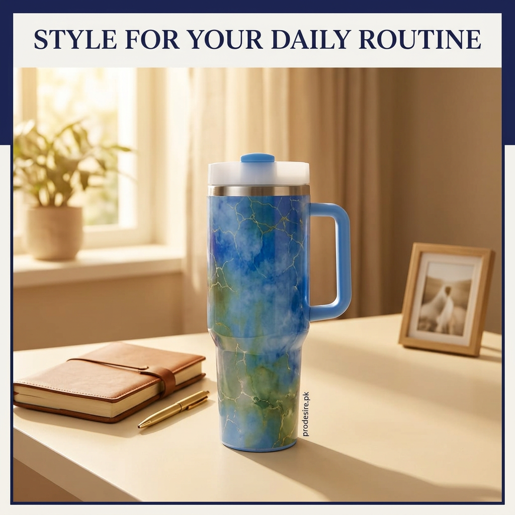 Blue green marble print tumbler with side handle beside notebook on a sunlit home desk