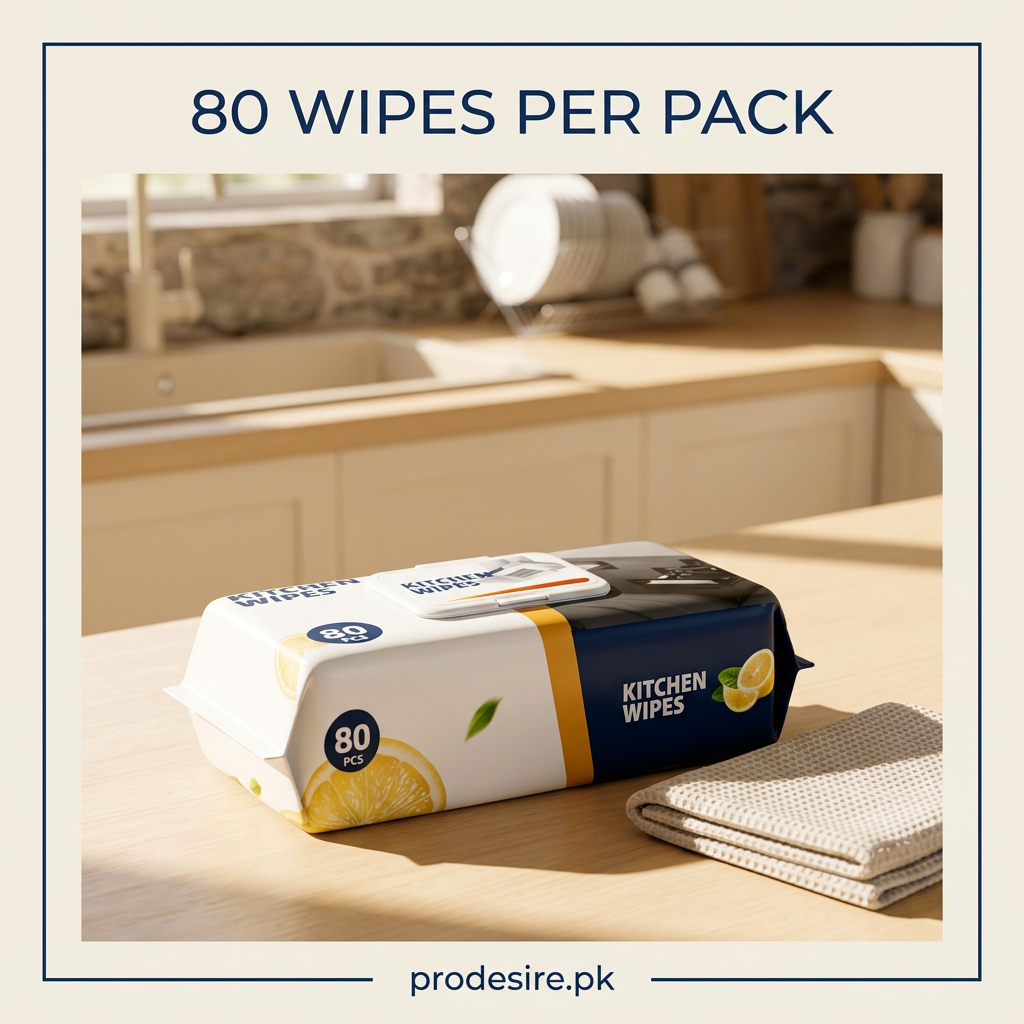 80-wipe kitchen cleaning pack beside a cloth in a warm neutral kitchen