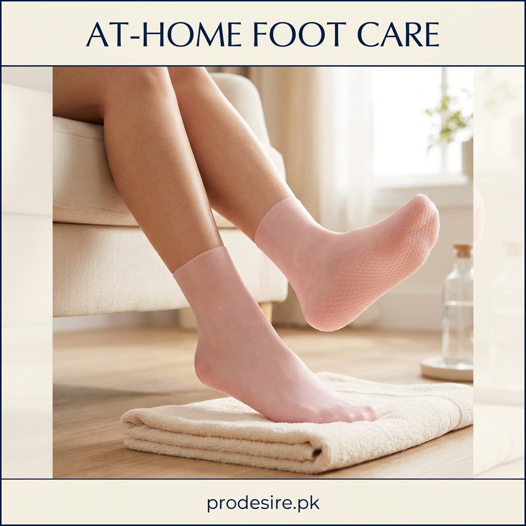 Pink silicone moisturizing socks worn while relaxing in a warm cream home setting