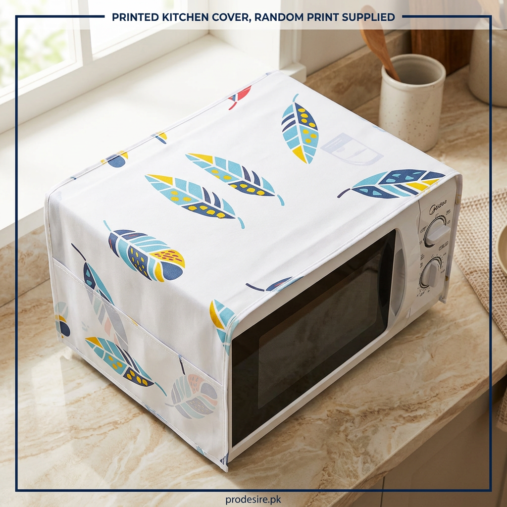 Elevated view of feather-print microwave cover, random print supplied