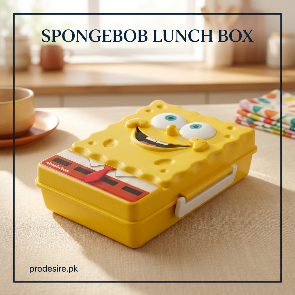 Yellow SpongeBob SquarePants lunch box with raised face lid and white side clip at PRODESIRE