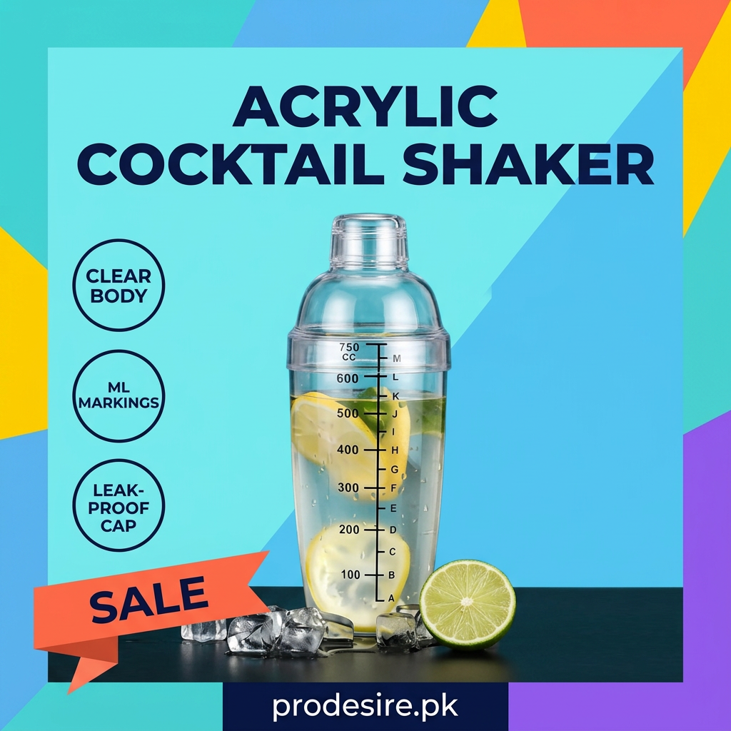 Acrylic Cocktail Shaker feature poster: clear body, ml markings, leak-proof cap