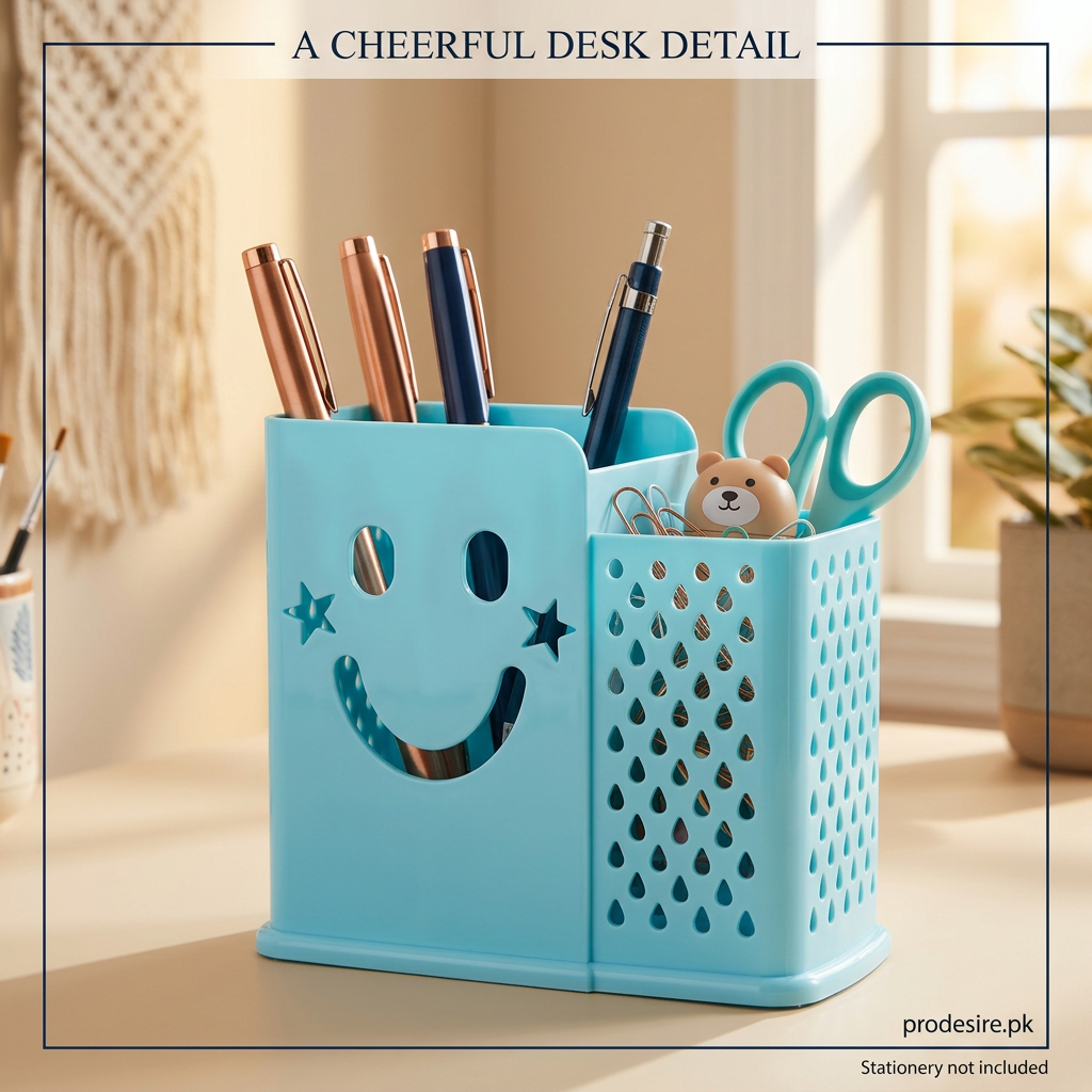 Close-up of smile and star cutouts on turquoise PRODESIRE desk organizer