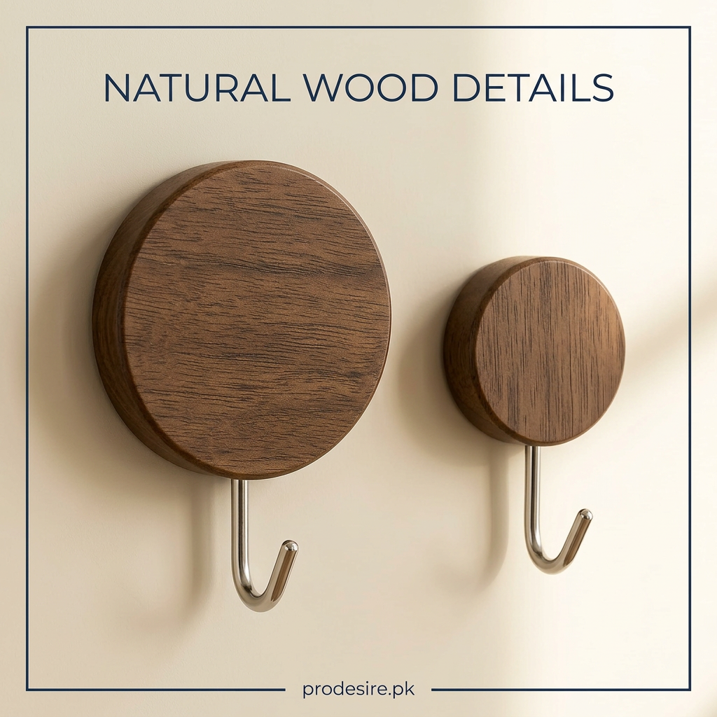 Close-up of wood grain on large and small round wooden fronts with silver hooks