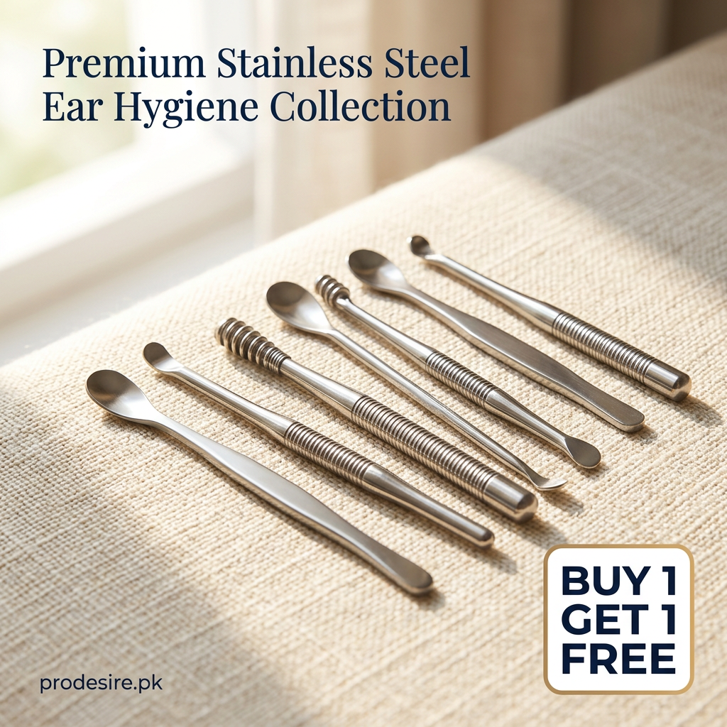 Close-up of six stainless steel ear cleaning tools on a cream background with buy 1 get 1 free offer and prodesire.pk branding