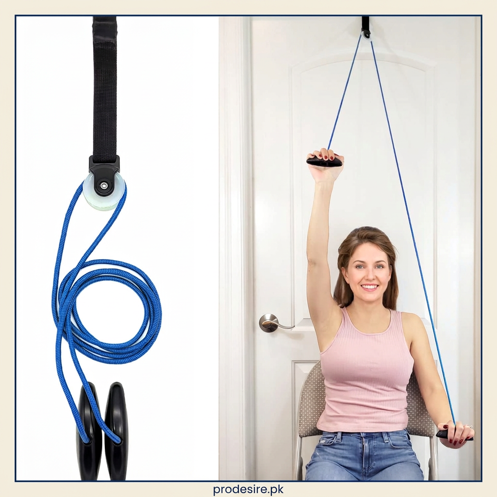 Blue rope shoulder pulley and seated exercise demonstration with prodesire.pk branding