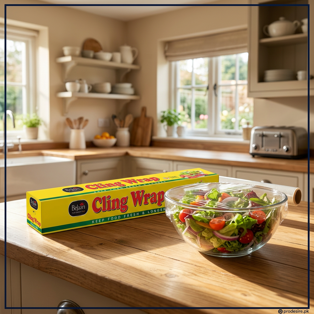Cling wrap beside a salad bowl covered in clear film in a warm kitchen