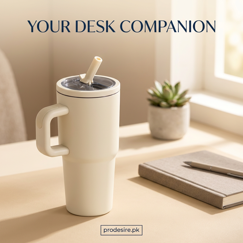 Cream 600ML flip straw tumbler with side handle beside a notebook on a sunlit desk