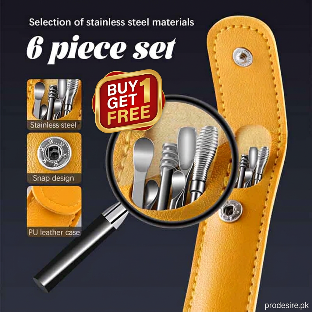 6 pieces stainless steel ear cleaning kit in yellow PU leather case with buy 1 get 1 free offer banner and prodesire.pk branding