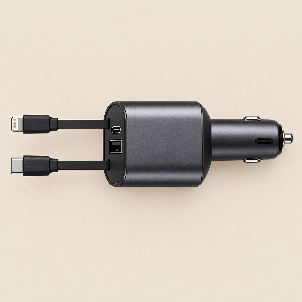 Car charger overhead view with two cable connectors