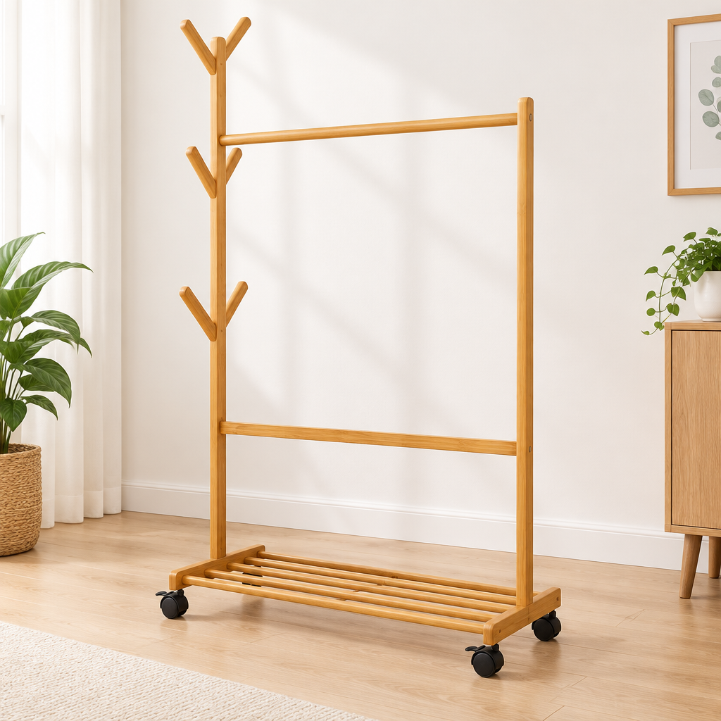 Three-quarter view showing the clothes rack top hooks, hanging bar, lower base, and wheels