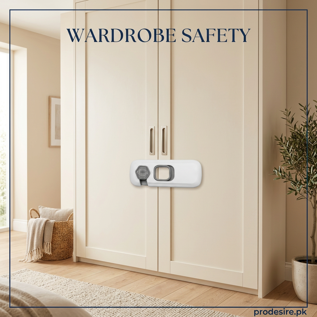 PRODESIRE wardrobe child safety lock illustrated across cream wardrobe doors