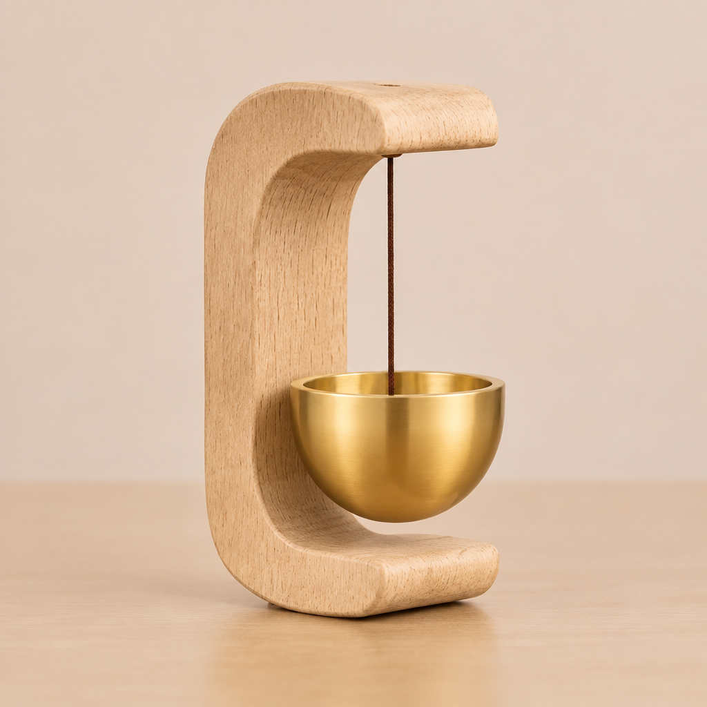 Mini wooden hanging bell opposite side view