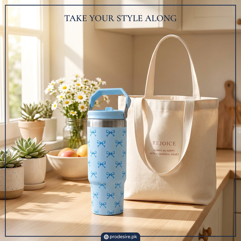Blue bow tumbler standing beside a cream tote in a sunlit kitchen
