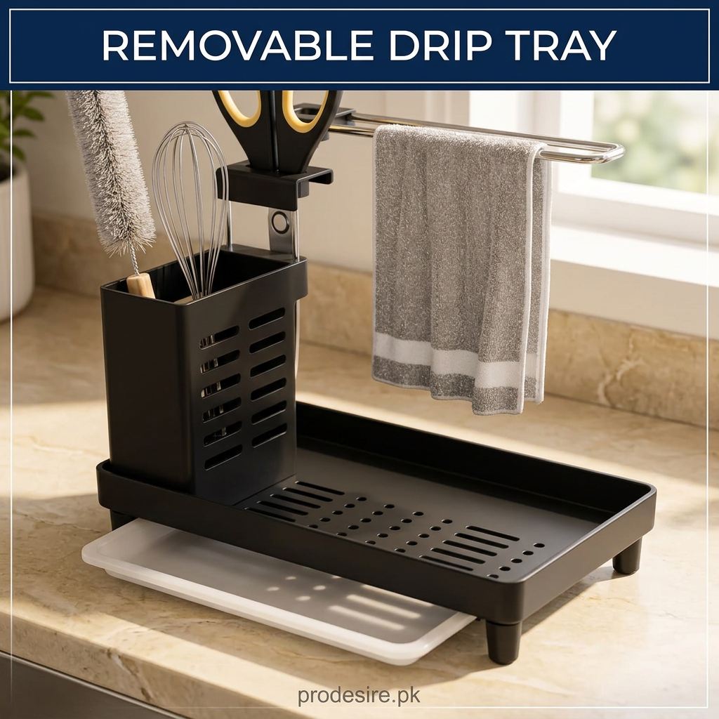 PRODESIRE kitchen sink organizer drainage platform with removable white drip tray