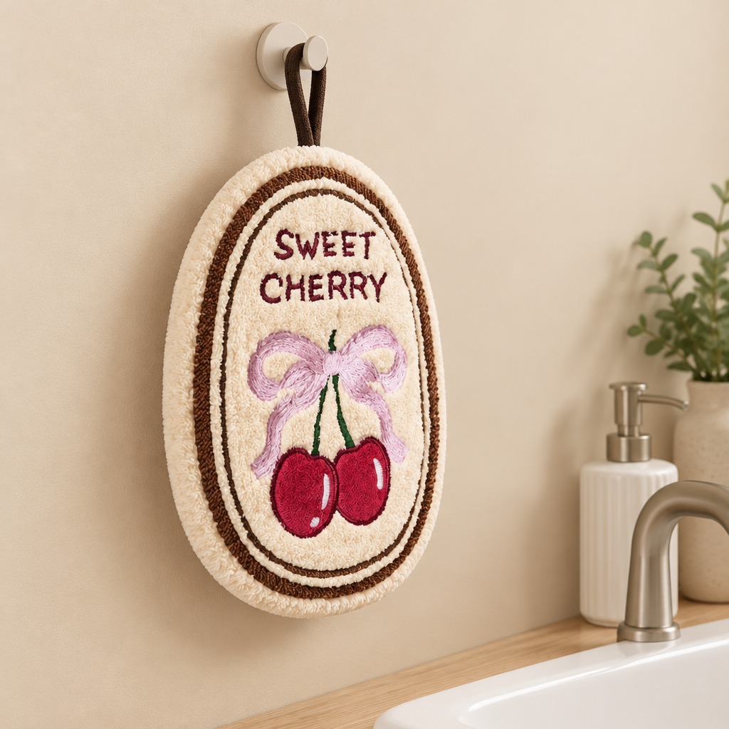Sweet Cherry hand towel hanging beside sink at an angle