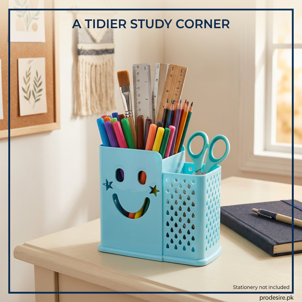 PRODESIRE turquoise stationery holder on a sunlit study desk beside a notebook