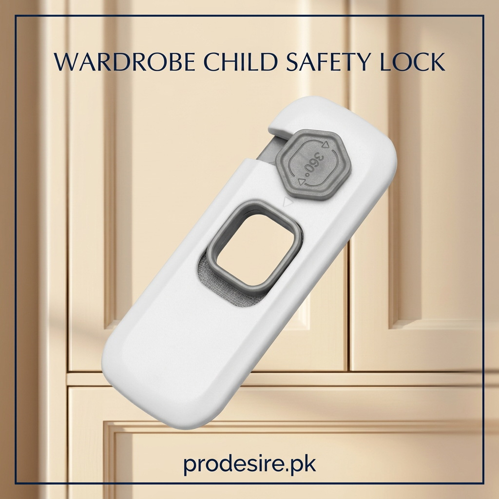 PRODESIRE white and grey self-adhesive wardrobe child safety lock, diagonal front view