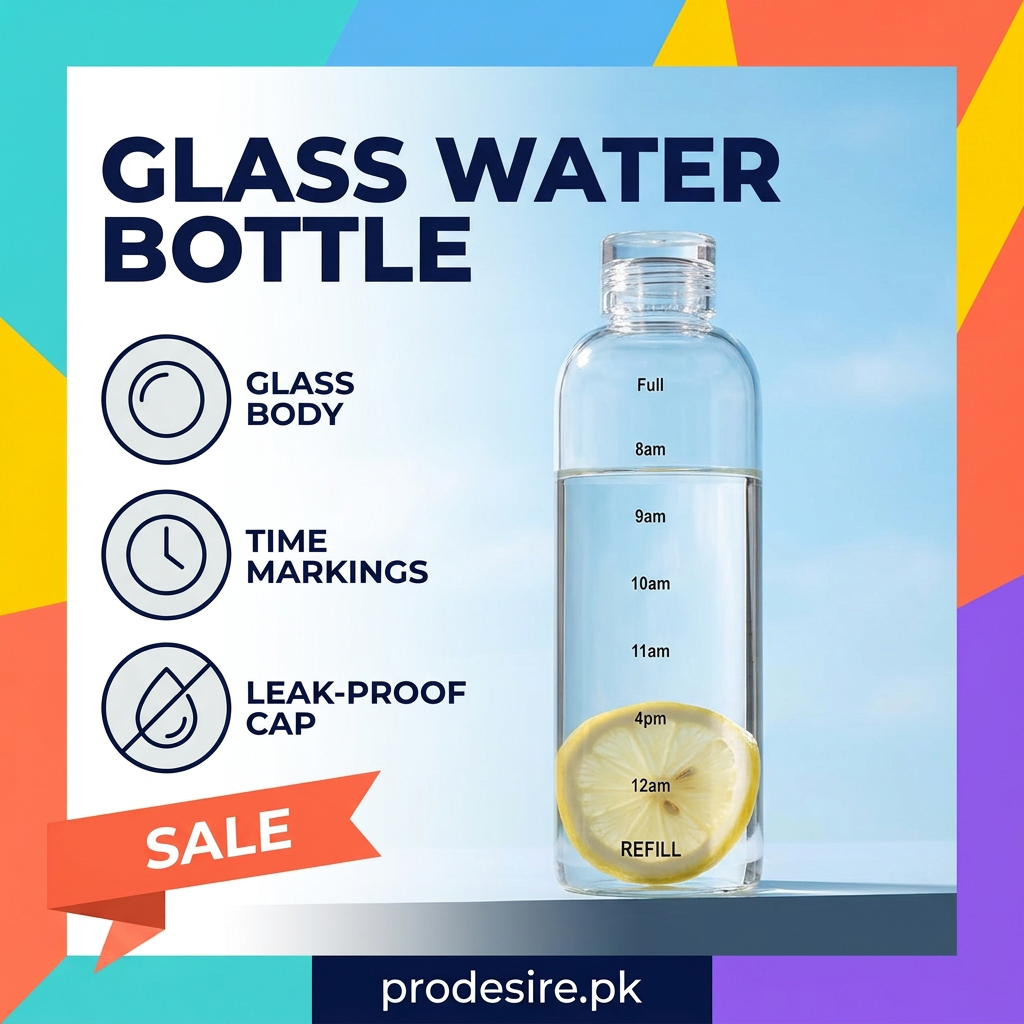 Glass Water Bottle feature poster: glass body, time markings, leak-proof cap