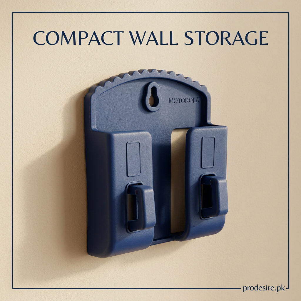 Dark blue wall mounted phone holder close-up with two folding hooks against a cream wall