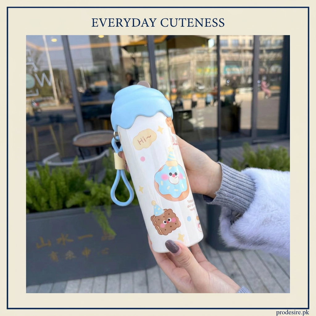 Blue ice cream lid kawaii bottle held outdoors with wrist strap