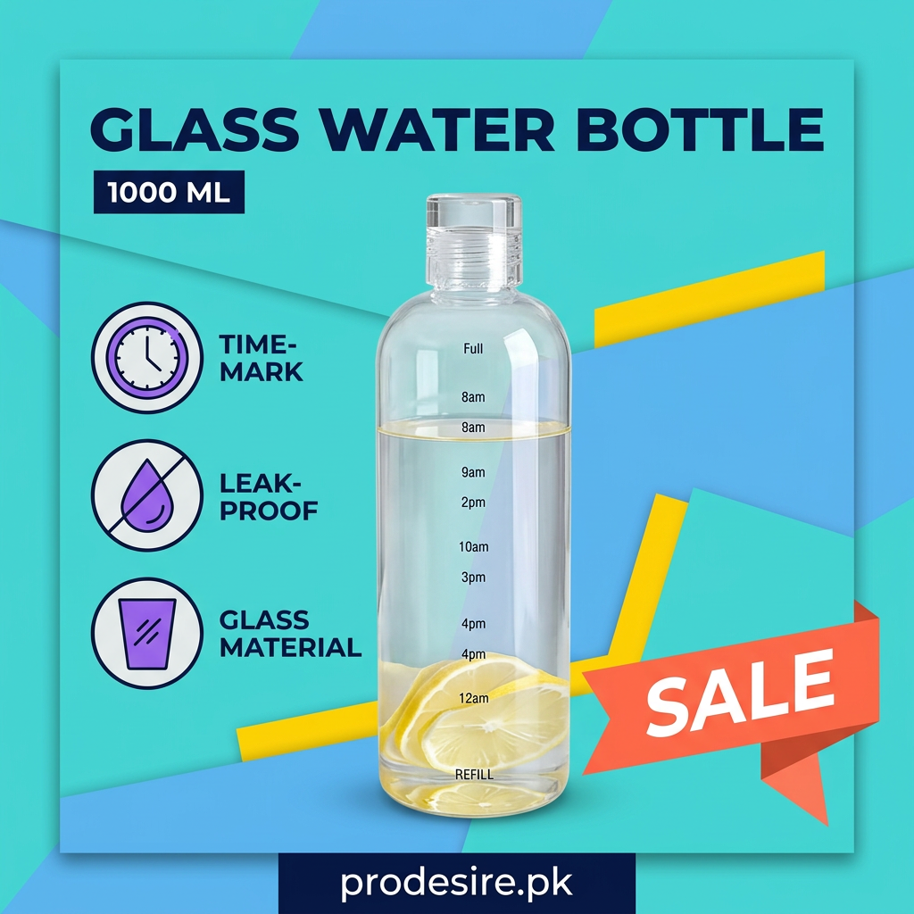 Glass Water Bottle sale poster on turquoise geometric background
