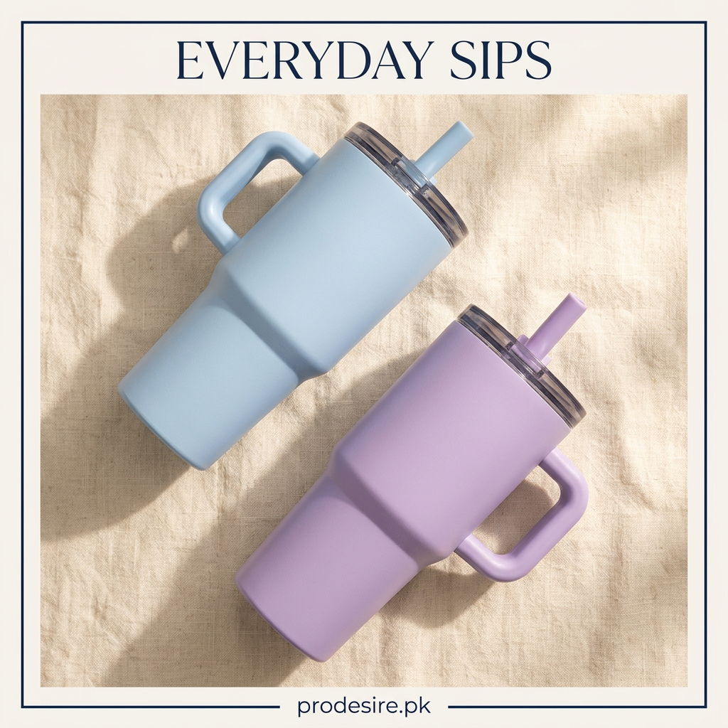 Overhead view of pale blue and purple handled flip straw tumblers