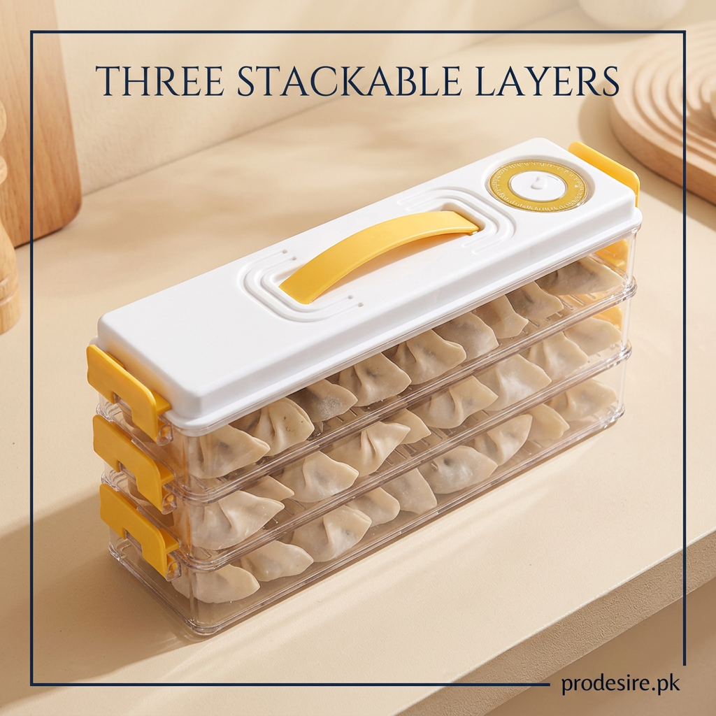 Elevated view of the three stackable transparent layers of the PRODESIRE momos storage box