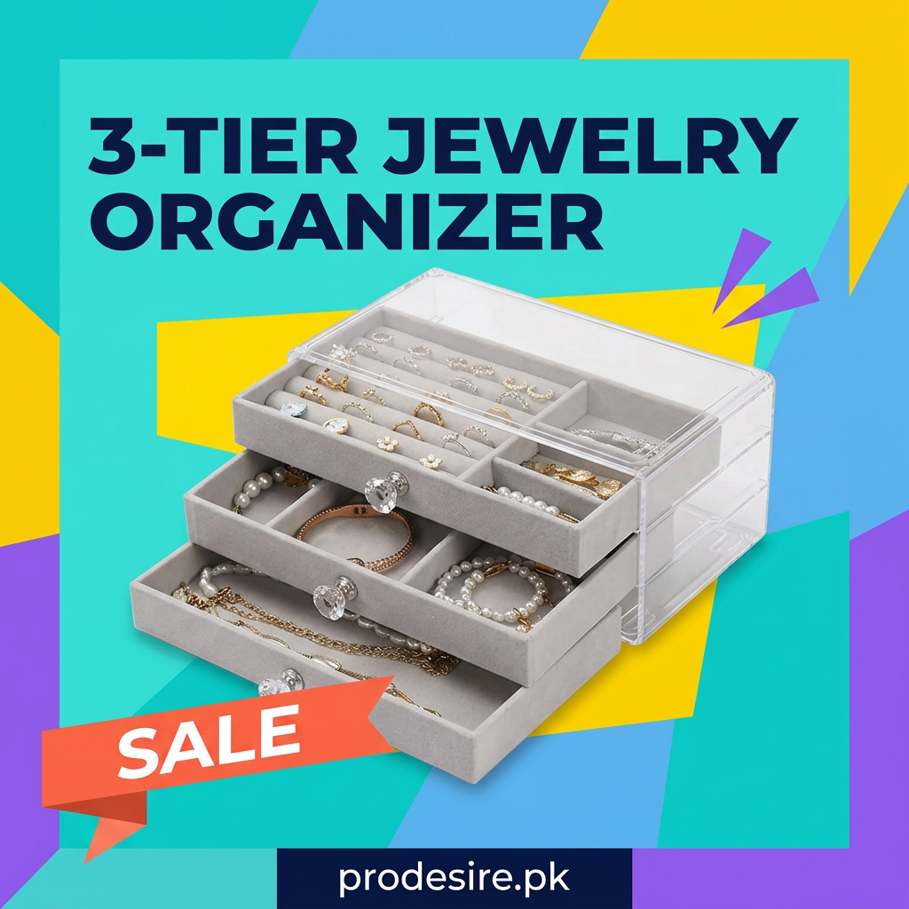 3-Tier Jewelry Organizer sale poster on turquoise geometric background